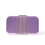 Front view of the Ella Crystal Clutch in Lilac, featuring a gradient of hand-placed crystals over a smooth purple satin finish with silver clasp.