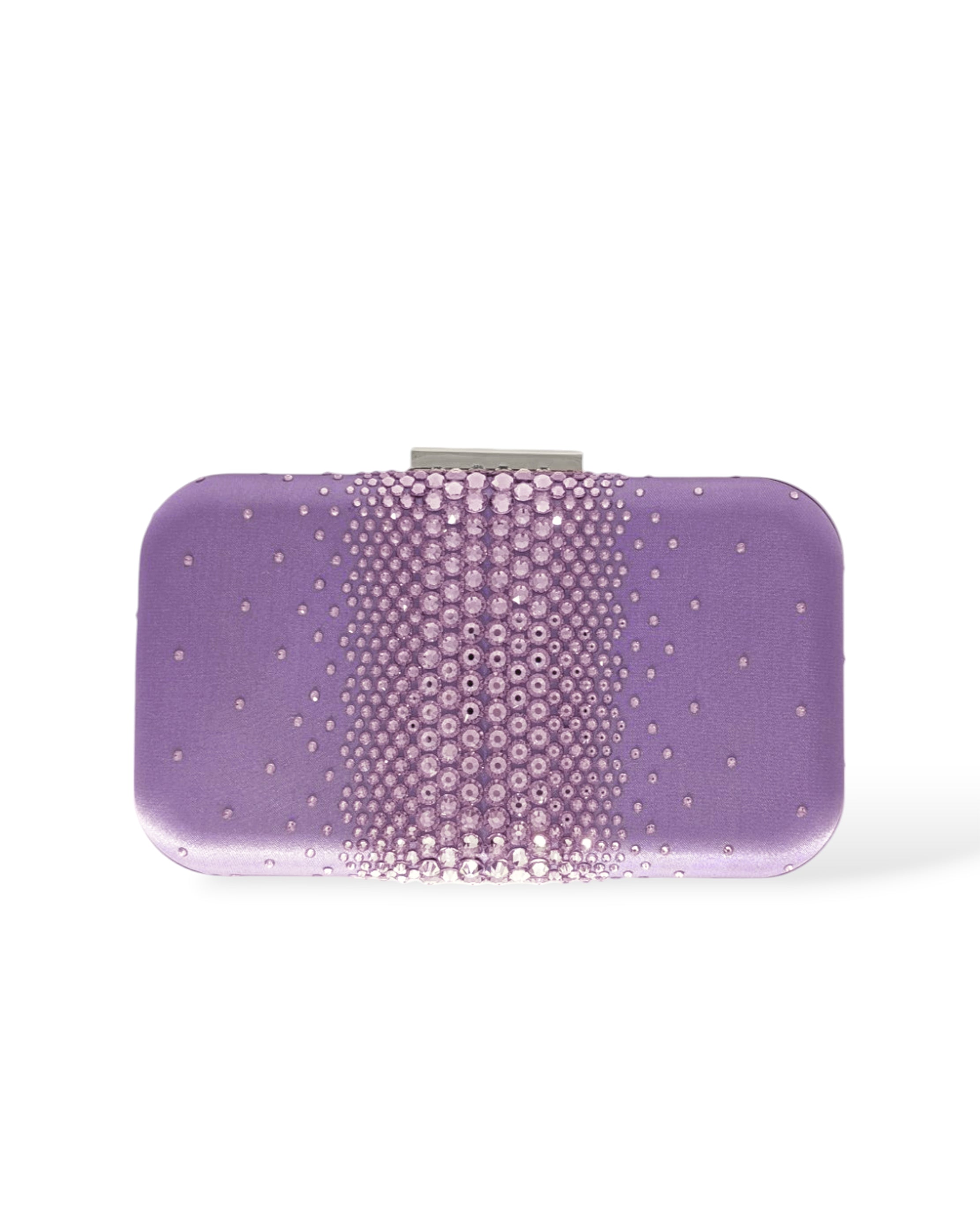 Front view of the Ella Crystal Clutch in Lilac, featuring a gradient of hand-placed crystals over a smooth purple satin finish with silver clasp.
