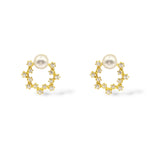 Sterling silver plated in stunning gold post earrings adorned with cubic zirconia crystals and a 6mm pearl at the top