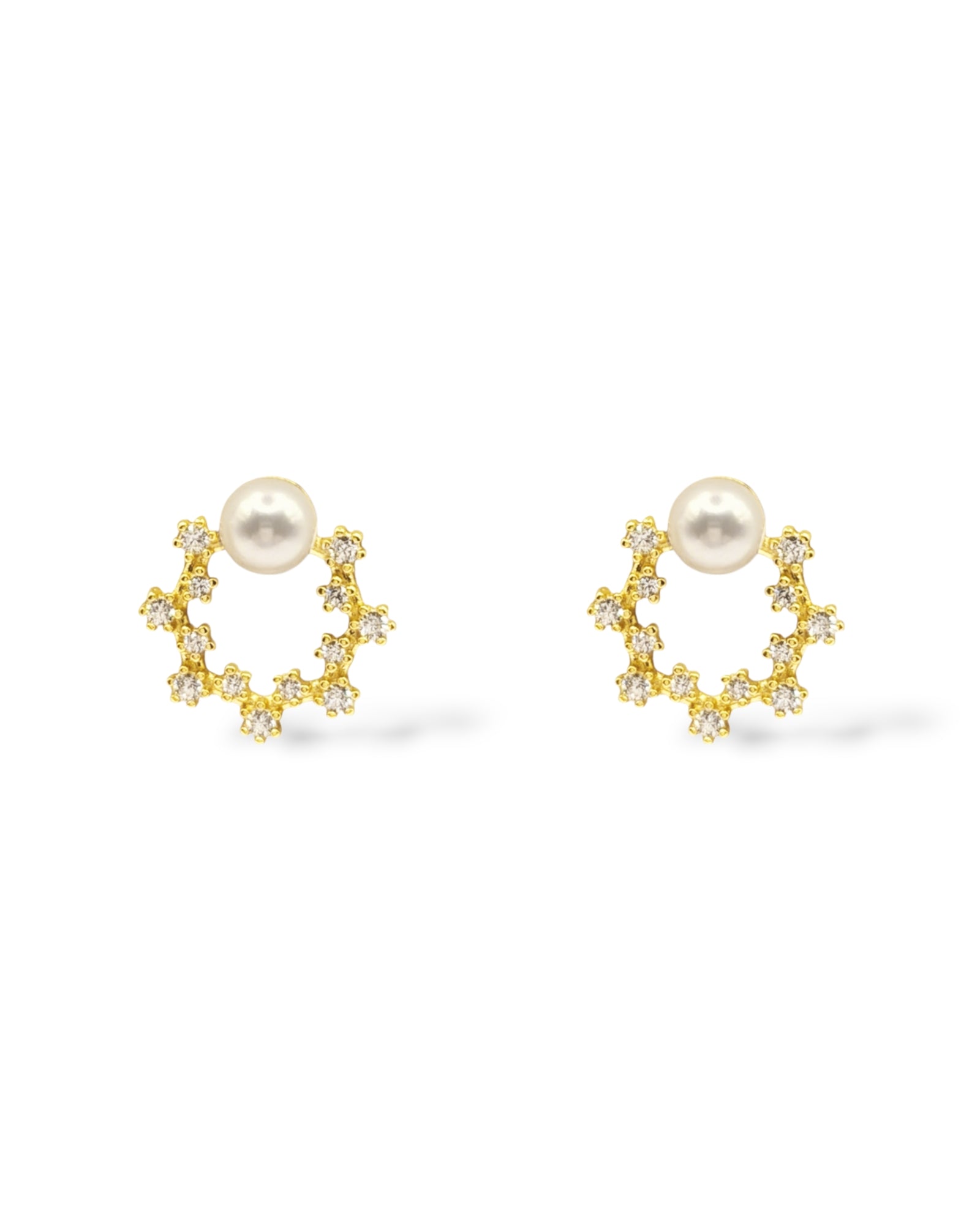 Sterling silver plated in stunning gold post earrings adorned with cubic zirconia crystals and a 6mm pearl at the top