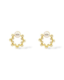 Sterling silver plated in stunning gold post earrings adorned with cubic zirconia crystals and a 6mm pearl at the top