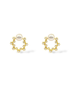 Sterling silver plated in stunning gold post earrings adorned with cubic zirconia crystals and a 6mm pearl at the top