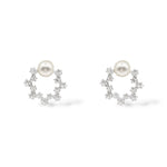 Sterling silver open-circle stud earrings adorned with cubic zirconia crystals and a 6mm pearl at the top.