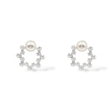 Sterling silver open-circle stud earrings adorned with cubic zirconia crystals and a 6mm pearl at the top.