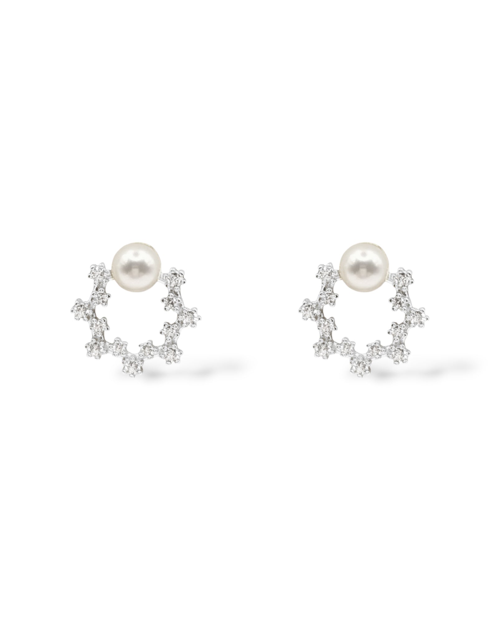 Sterling silver open-circle stud earrings adorned with cubic zirconia crystals and a 6mm pearl at the top.