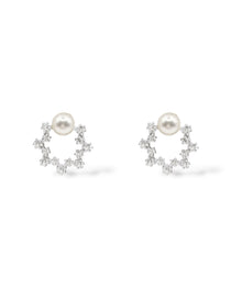 Sterling silver open-circle stud earrings adorned with cubic zirconia crystals and a 6mm pearl at the top.