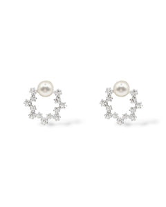 Sterling silver open-circle stud earrings adorned with cubic zirconia crystals and a 6mm pearl at the top.