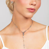 Silver Reed necklace featuring an elegant, modern design with crystal details, paired with Quinn sterling silver triple bar pave crystal post earrings adorned with a 6mm pearl for a sophisticated look.