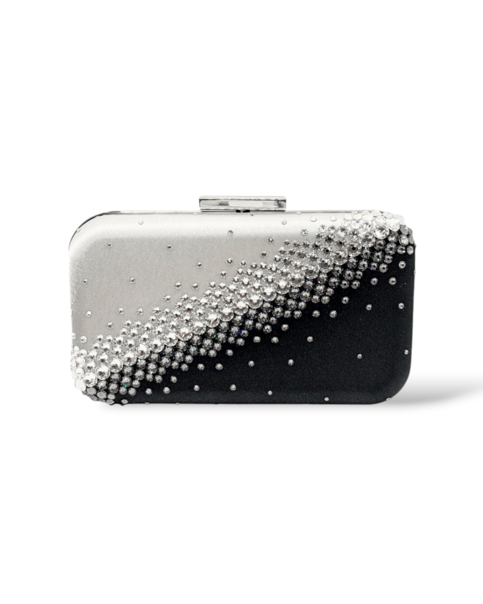 Black and silver ombre crystal minaudiere hard shell clutch with black satin fabric lining, designed for evening affairs and modern elegance to sparkle all night long.