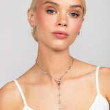 Silver Ricky Spike necklace with an edgy crystal spike pendant, paired with the Quinn sterling silver triple bar pave crystal post earrings featuring a 6mm pearl, creating a modern and playful jewelry set.