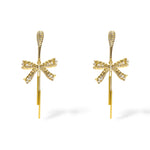 Pave crystal elongated post earrings with a crystal pave rope and pearl bow drop, designed for festive occasions showcased in gold.