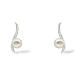 Sterling silver stud earrings with a squiggle pave crystal post and a floating 6mm pearl for modern elegance.