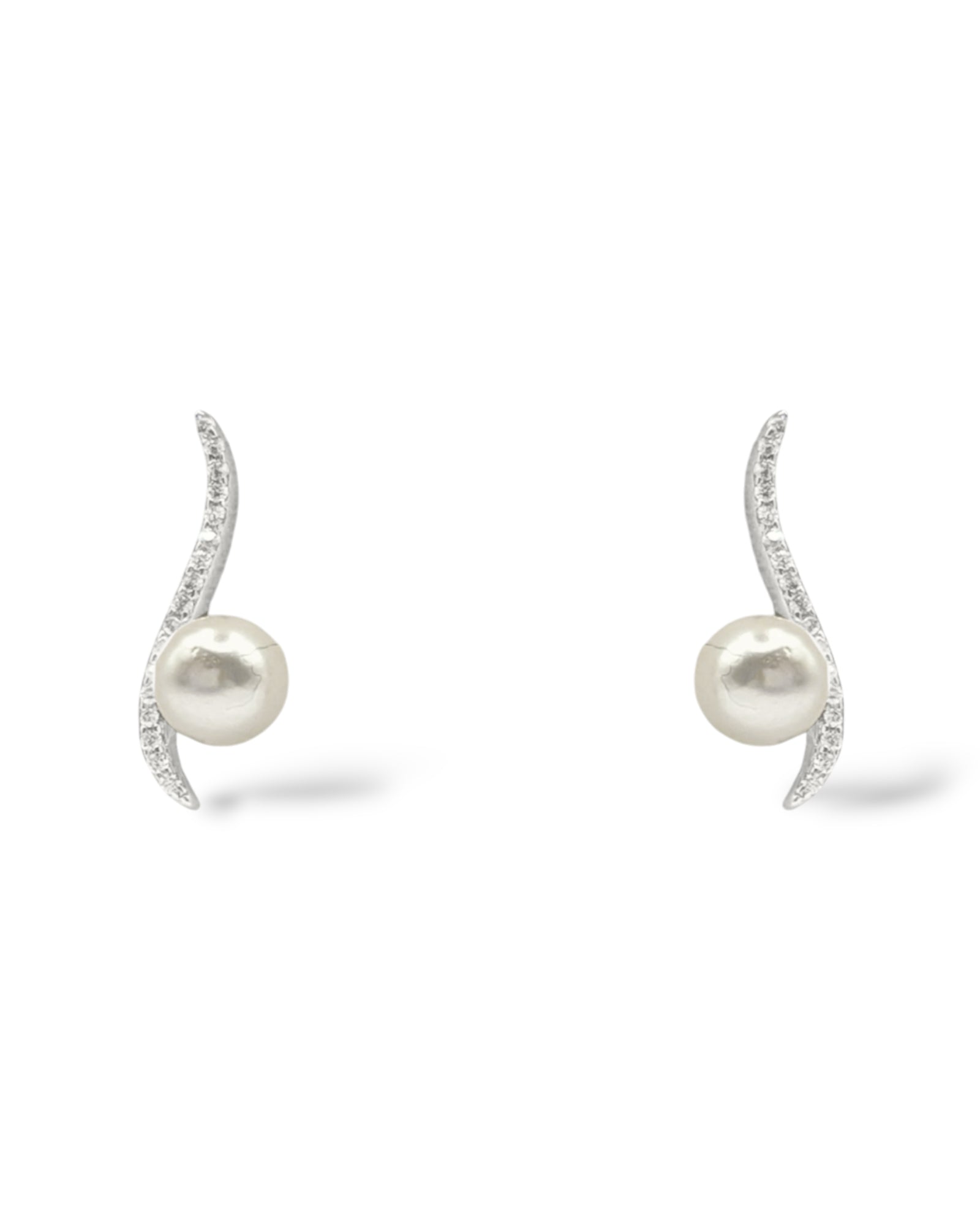 Sterling silver stud earrings with a squiggle pave crystal post and a floating 6mm pearl for modern elegance.