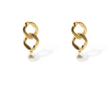 Serena earrings in gold with two chain link loops and a teardrop pearl drop, shown on white background.