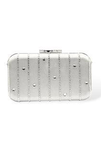 Front view of the Skye crystal clutch in silver, featuring vertical Austrian crystal stripes with scattered round crystal accents on a satin finish.