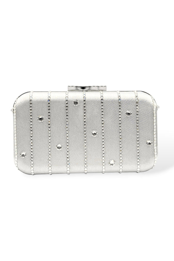 Front view of the Skye crystal clutch in silver, featuring vertical Austrian crystal stripes with scattered round crystal accents on a satin finish.
