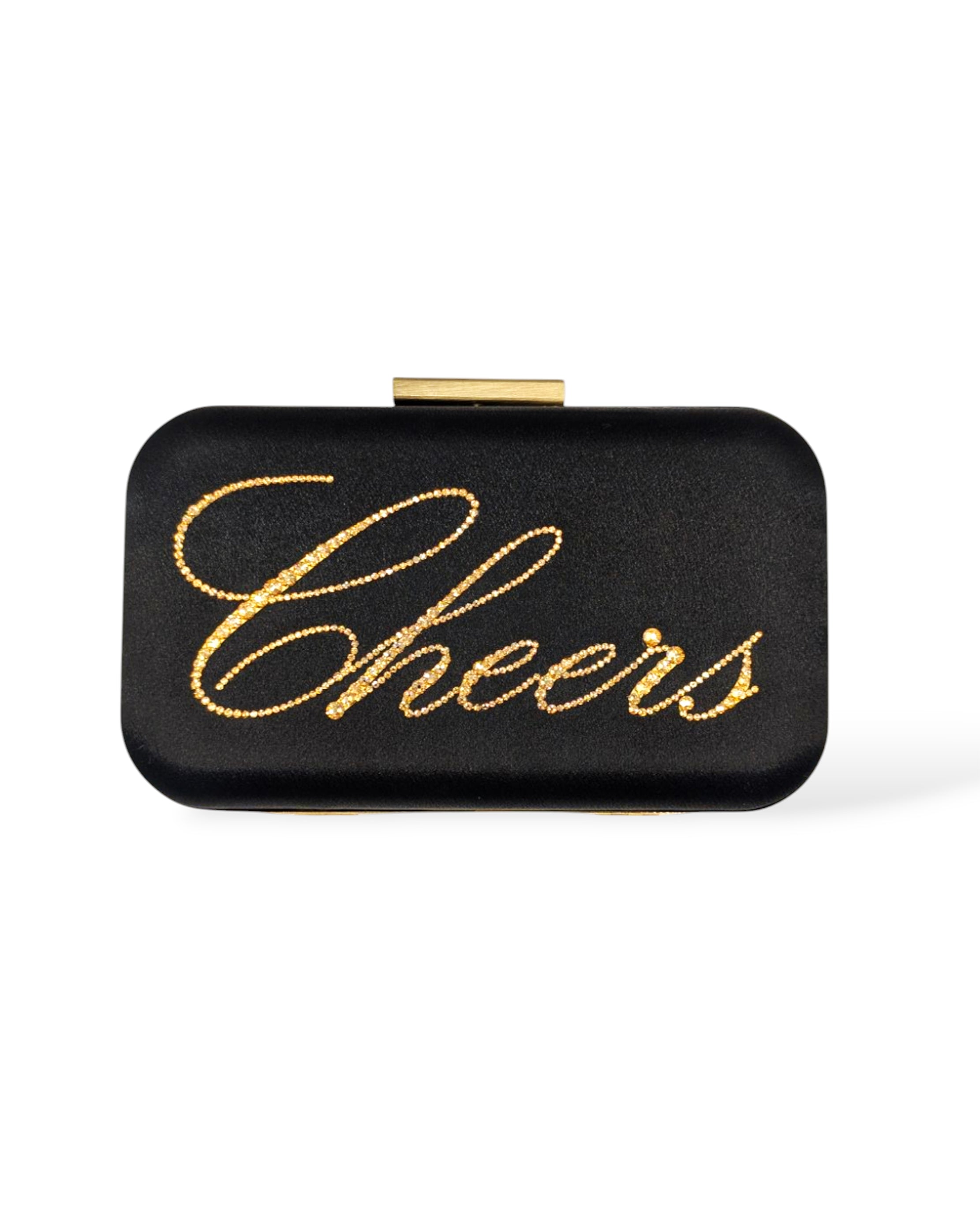 Front view of the Stella clutch featuring the word “Cheers” written in gold Austrian crystals on a black satin box bag with a gold clasp.