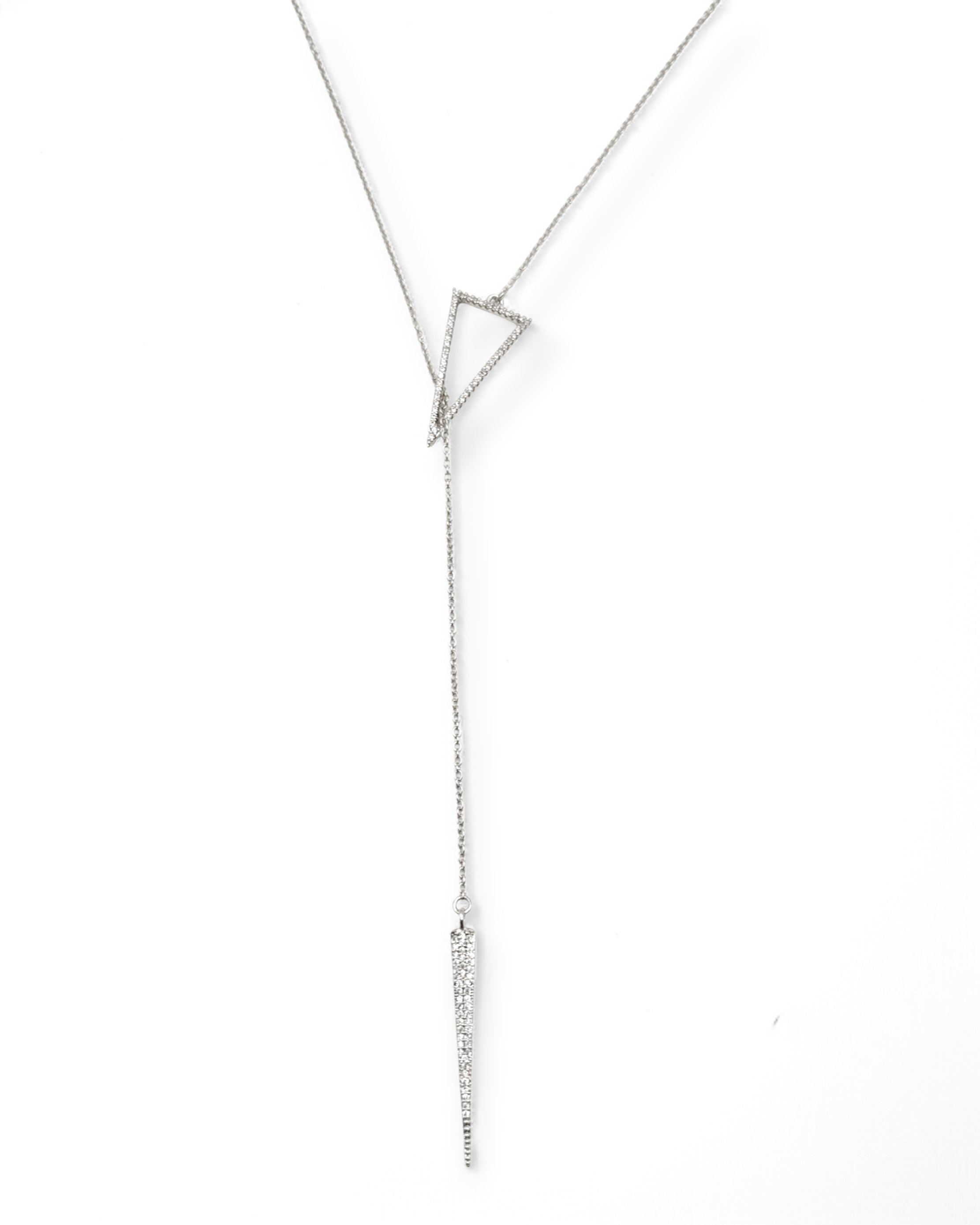 Silver Sutton lariat necklace with triangle loop and pavé spike drop