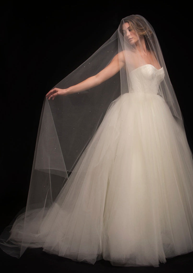 Two tier cathedral length wedding veil with scattered crystals throughout