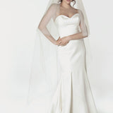 2 tier waltz length wedding veil with a handkerchief cut.
