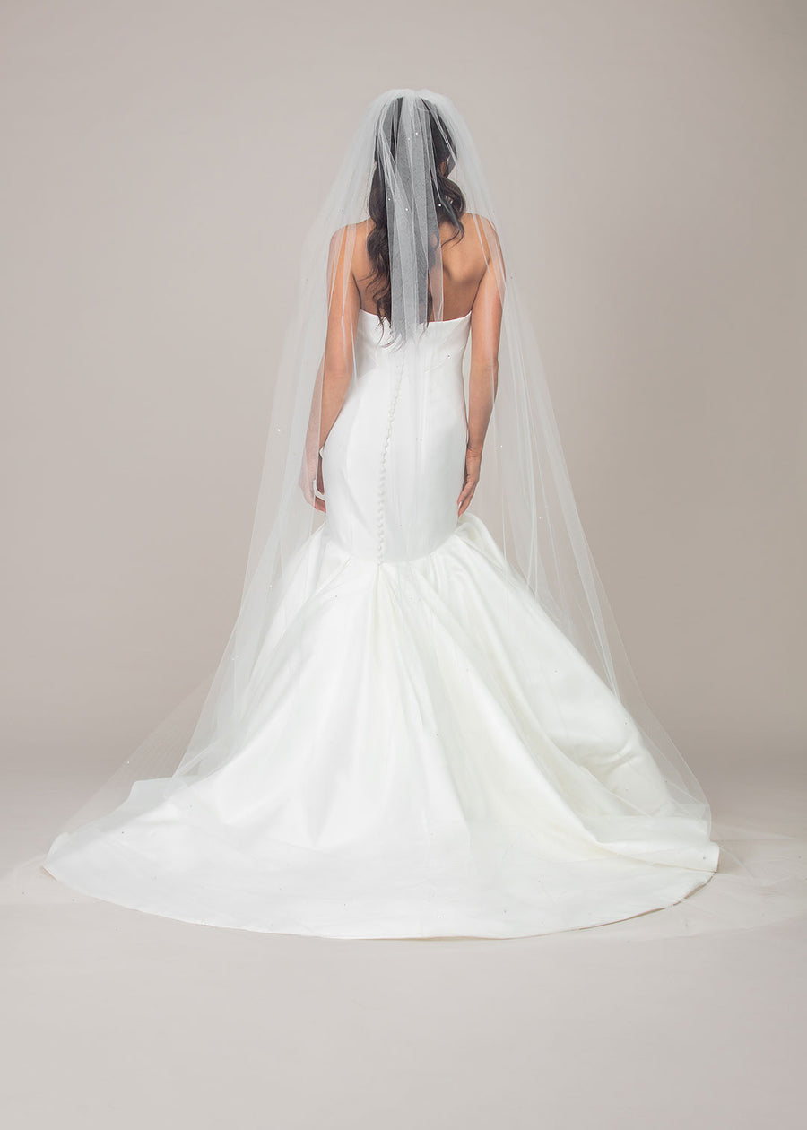 Standard cut cathedral length wedding veil with scattered Austrian crystals throughout. This is the back view