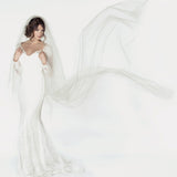 Two tier cathedral length wedding veil with a handkerchief cut, and a clean raw cut edge. Showing the veil flying in the air.