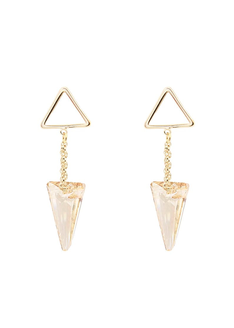 A pair of gold geometric dangle earrings featuring a thin triangular wire frame on top and a faceted clear crystal cone dangling below, set against a plain white background.